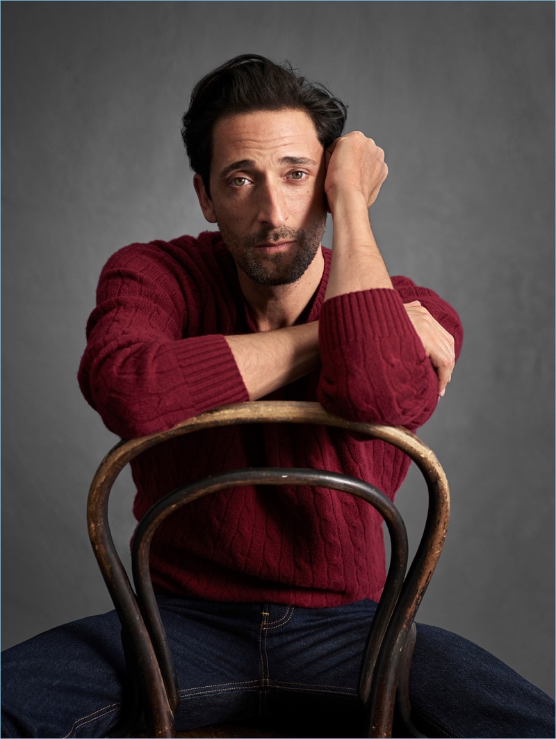 Front and center, Adrien Brody wears a cashmere knit for Mango Man's fall-winter 2018 campaign.