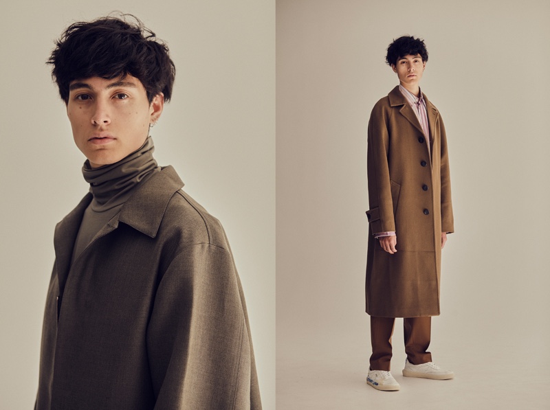 Left: Anthony wears turtleneck and coat Jil Sander. Right: Anthony wears shoes Golden Goose Deluxe Brand, shirt, trousers, and coat Marni.