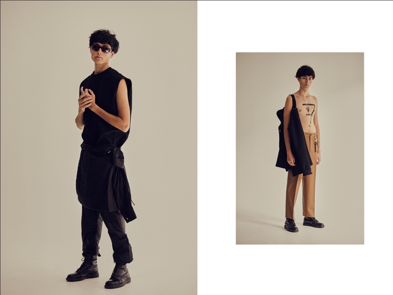 Left: Anthony wears sunglasses stylist's own, shoes Dr Martens, tunic and trousers Rick Owens. Right: Anthony wears shirt on shoulder Rick Owens, trousers Marni, shoes Dr Martens, and accessories model's own.