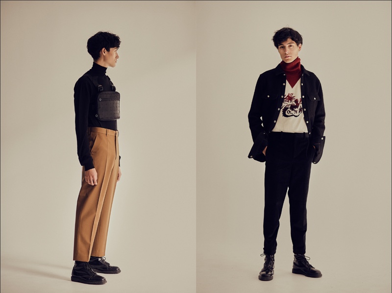 Left: Anthony wears turtleneck Rick Owens, trousers Marni, bag Alyx, and shoes Dr Martens. Right: Anthony wears shirt Rick Owens, turtleneck Kenzo, trousers Neil Barrett, and shoes Dr Martens.