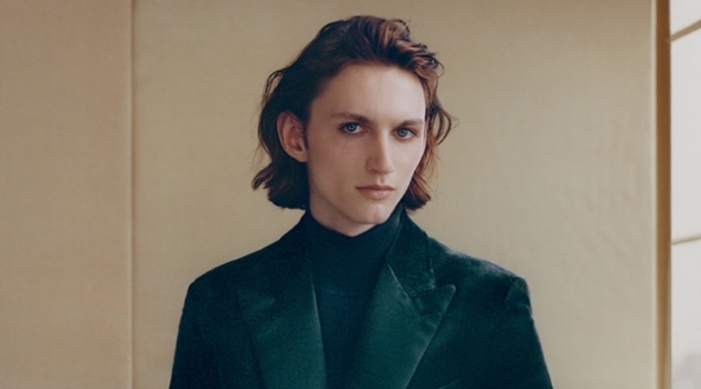 Henry Rausch & Tom Gaskin Up Their Suit Game with Barneys Henry Rausch dons a velvet tuxedo jacket and a wool-blend turtleneck sweater by Brioni.