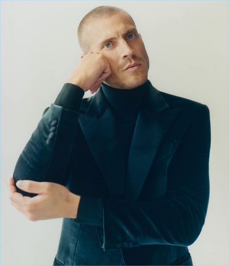 Mike Guenther models a Brioni velvet one-button tuxedo jacket with a wool-blend turtleneck.