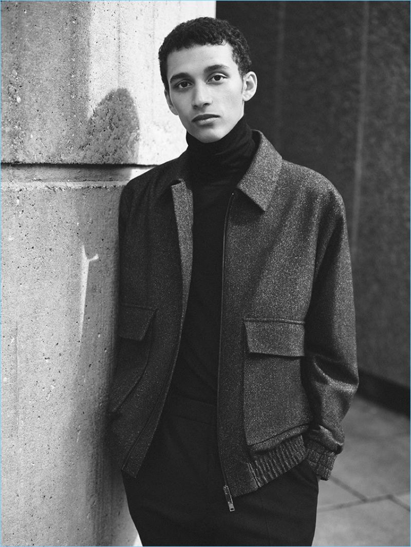 Jackson Hale sports a speckled wool-felt jacket by COS.