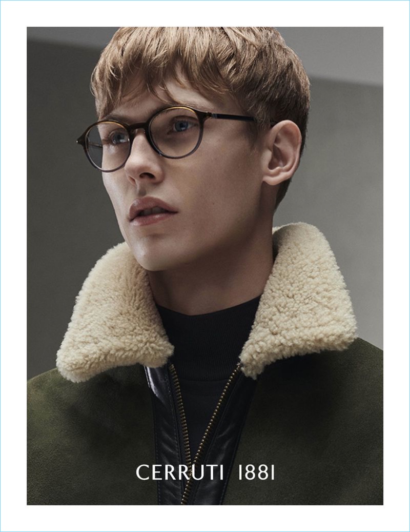 A smart vision, Oliver Houlby dons glasses for Cerruti 1881's fall-winter 2018 campaign.