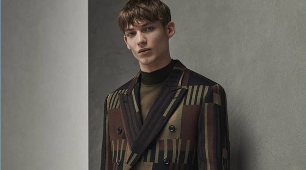 Making a case for prints, Christopher Einla appears in Cerruti 1881's fall-winter 2018 campaign.
