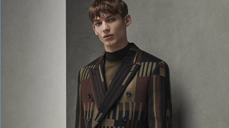 Making a case for prints, Christopher Einla appears in Cerruti 1881's fall-winter 2018 campaign.