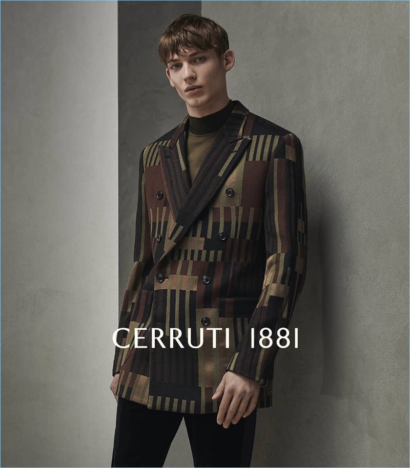 Making a case for prints, Christopher Einla appears in Cerruti 1881's fall-winter 2018 campaign.