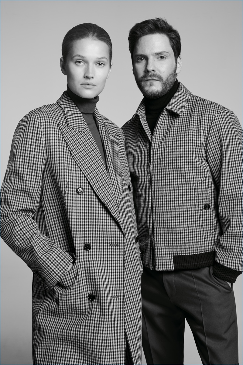 Model Toni Garrn joins Daniel Brühl for the BOSS Made in Germany capsule collection campaign.