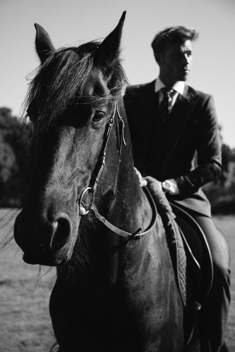 Captured on horseback, David Frampton wears a Helen Anthony suit.