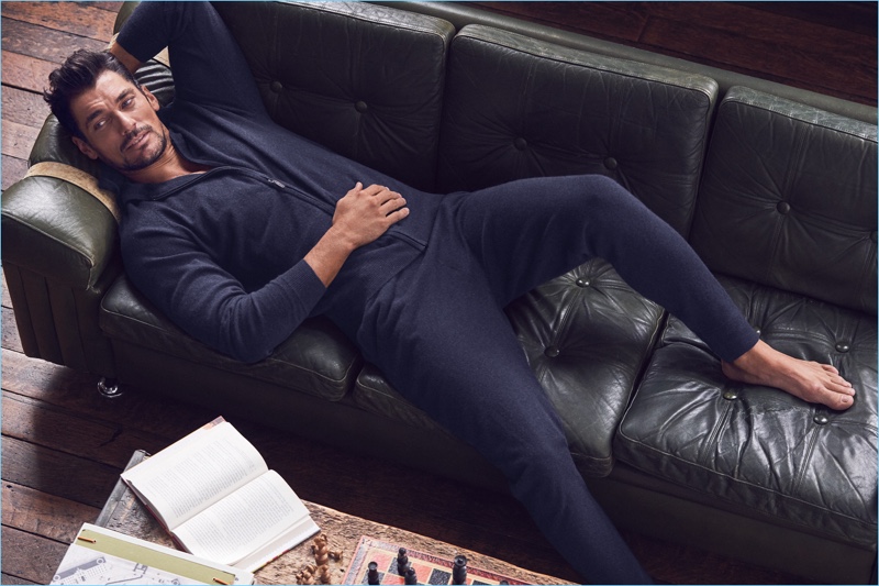 Lounging, David Gandy wears casual pieces from his Autograph line at Marks & Spencer.