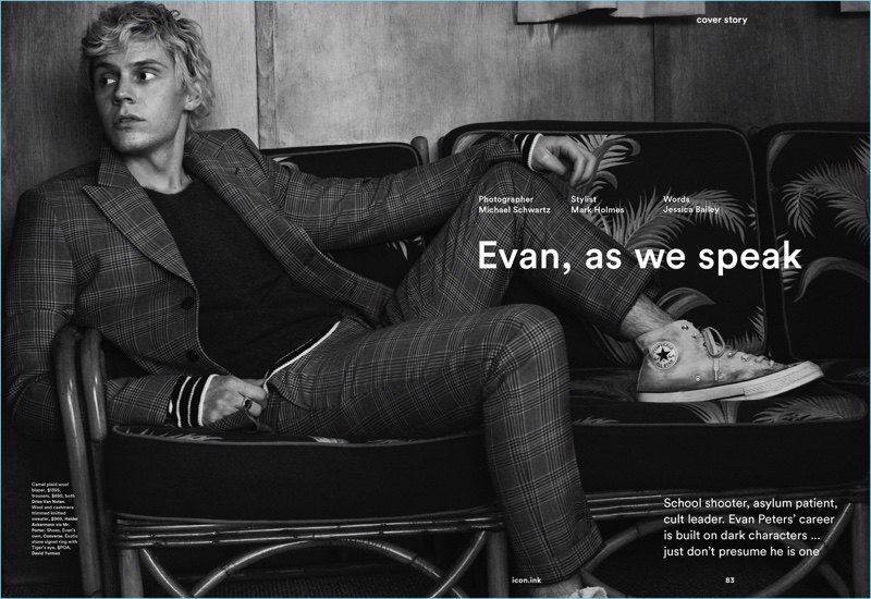 Actor Evan Peters wears a Dries Van Noten suit with a Haider Ackermann sweater. He also sports Converse sneakers. » Evan Peters Covers Icon, Talks 'American Horror Story' Actor Evan Peters wears a Dries Van Noten suit with a Haider Ackermann sweater. He also sports Converse sneakers.