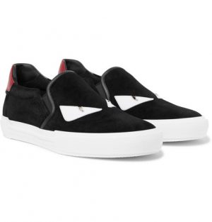 Fendi - Bag Bugs Leather-Trimmed Suede Slip-On Sneakers - Men - Black Fendi - Bag Bugs Leather-Trimmed Suede Slip-On Sneakers - Black