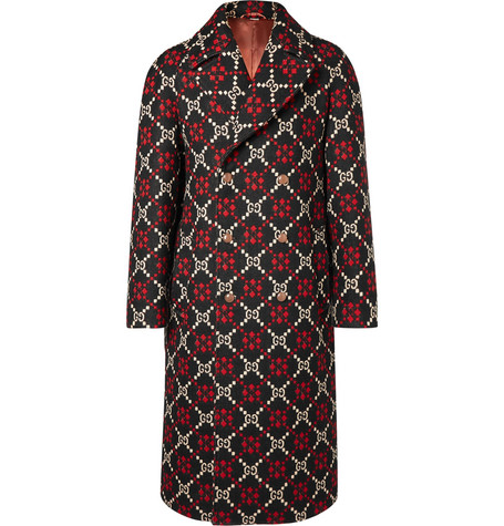 Double-Breasted Logo-Jacquard Wool Coat 