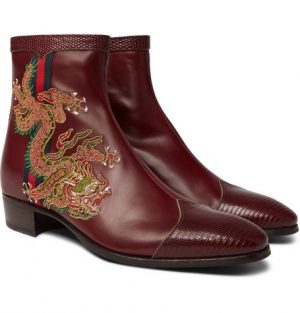 Gucci - Webbing-Trimmed Embroidered Leather Chelsea Boots - Red Gucci - Webbing-Trimmed Embroidered Leather Chelsea Boots - Red