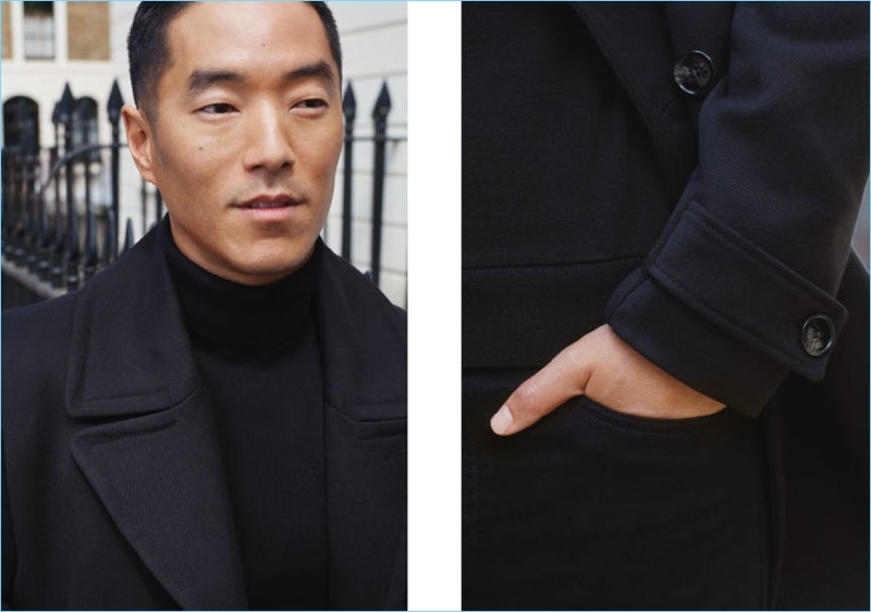 Leonardo Nam sports a knit turtleneck sweater and navy peacoat from H&M.