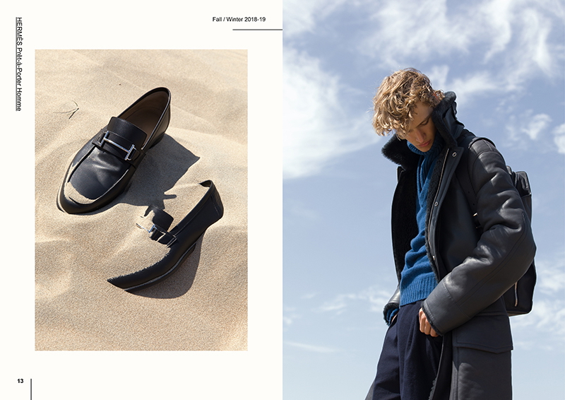 Pictured Left: Leather loafers by Hermès. Right: Mats Engel sports a coat, knitwear, pants, and a backpack from Hermès.