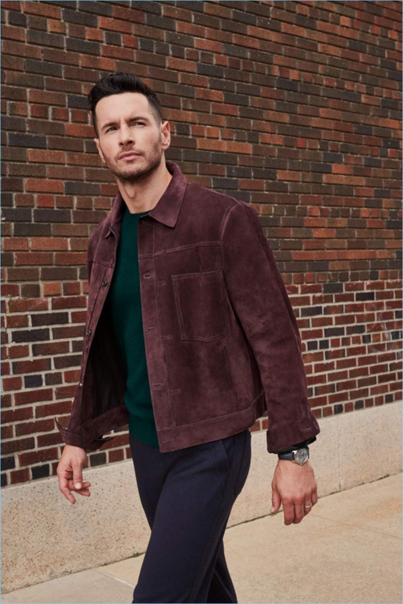 Stepping out in a suede Berluti blouson jacket, JJ Redick aksi wears a Vacheron Constantin watch with Loro Piana sweatpants and a sweater.