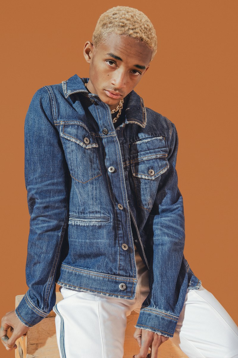 Making a case for double denim, Jaden Smith rocks a jean jacket from his G-Star Raw Forces of Nature collaboration with Louis Vuitton jeans. 