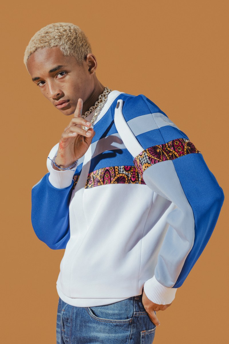 Connecting with GQ, Jaden Smith rocks a Louis Vuitton sweatshirt with his own necklace and a pair of jeans from his G-Star Raw Forces of Nature collaboration.