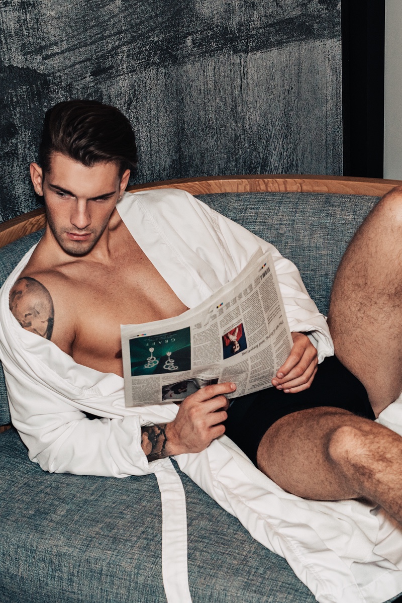 Jake wears robe Ralph Lauren and underwear ASOS.