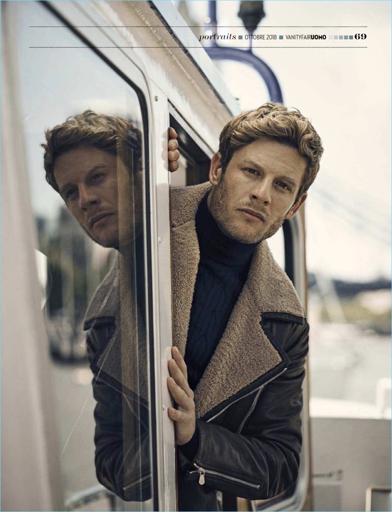 A rugged vision, James Norton wears a Brunello Cucinelli shearling jacket and Corneliani turtleneck. » James Norton Dons Classic Menswear for Vanity Fair Italia A rugged vision, James Norton wears a Brunello Cucinelli shearling jacket and Corneliani turtleneck.