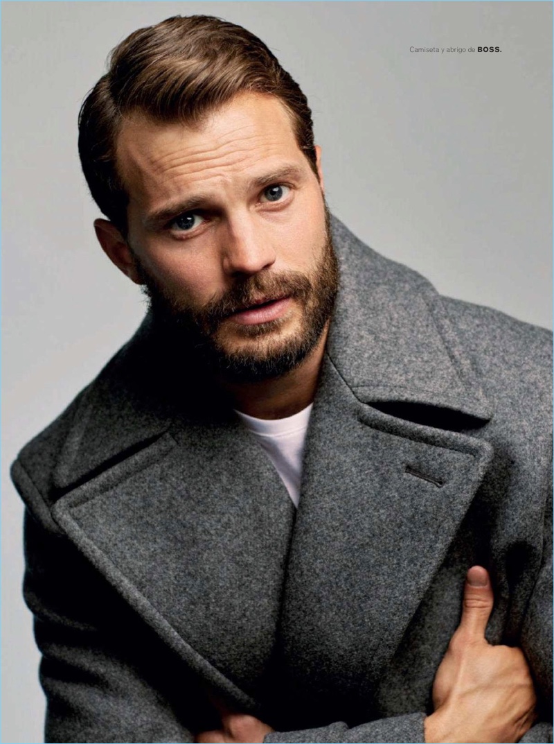 Actor Jamie Dornan sports a coat and shirt by BOSS.