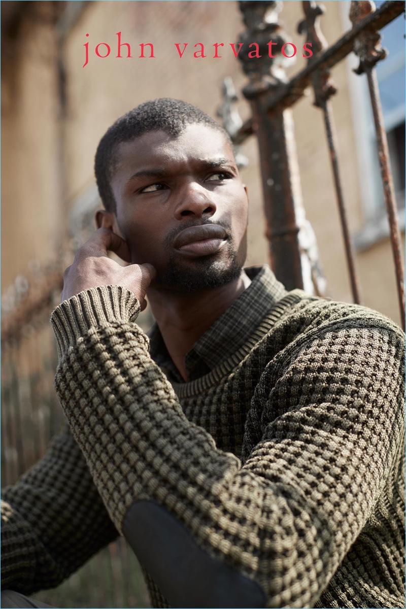 Salieu Jalloh dons fall knitwear by John Varvatos Star USA.