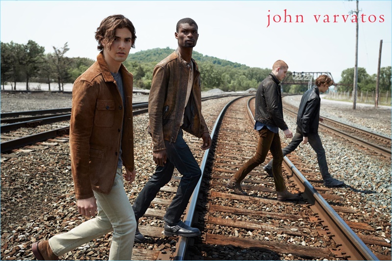 Gordon Winarick, Salieu Jalloh, Mike Russo, and Dallas Alberti wear fall fashions from John Varvatos Star USA.