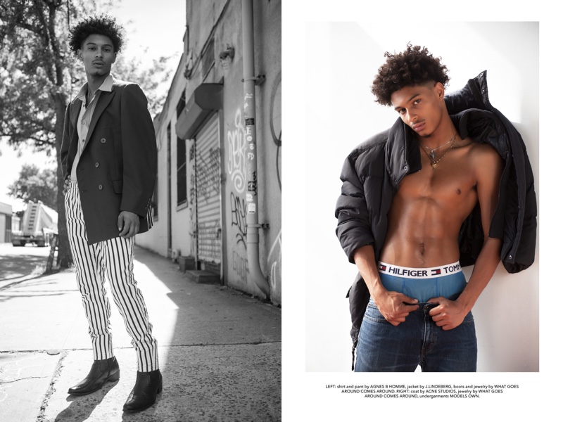 Left: Jonathan wears shirt and pants agnes b. Homme, jacket J.Lindeberg, boots and jewelry What Goes Around Comes Around. Right: Jonathan wears coat Acne Studios, jewelry What Goes Around Comes Around, and underwear Tommy Hilfiger.