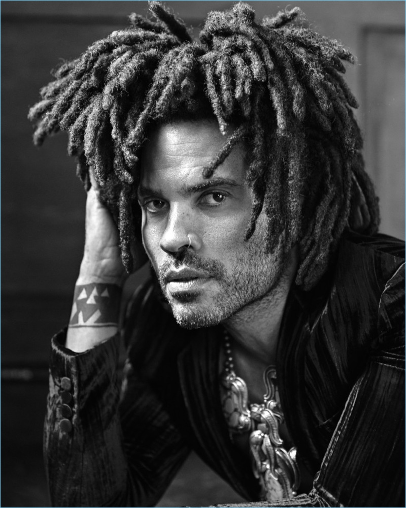 Ready for his close-up, Lenny Kravitz wears a Saint Laurent jacket and his own necklace.