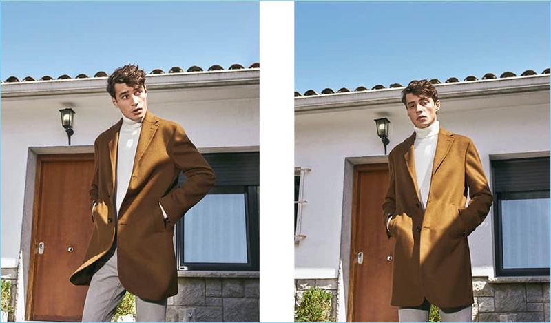 Adrien Sahores models a sleek coat and turtleneck sweater from Massimo Dutti.