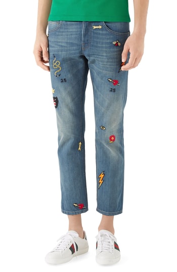 Gucci Embroidered Crop Slim Fit Jeans 