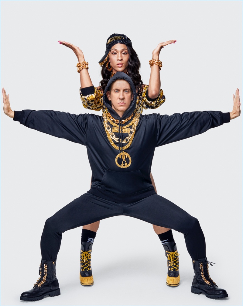 Jeremy Scott and Mj Rodriguez wear fashions from the Moschino [tv] H&M collection.