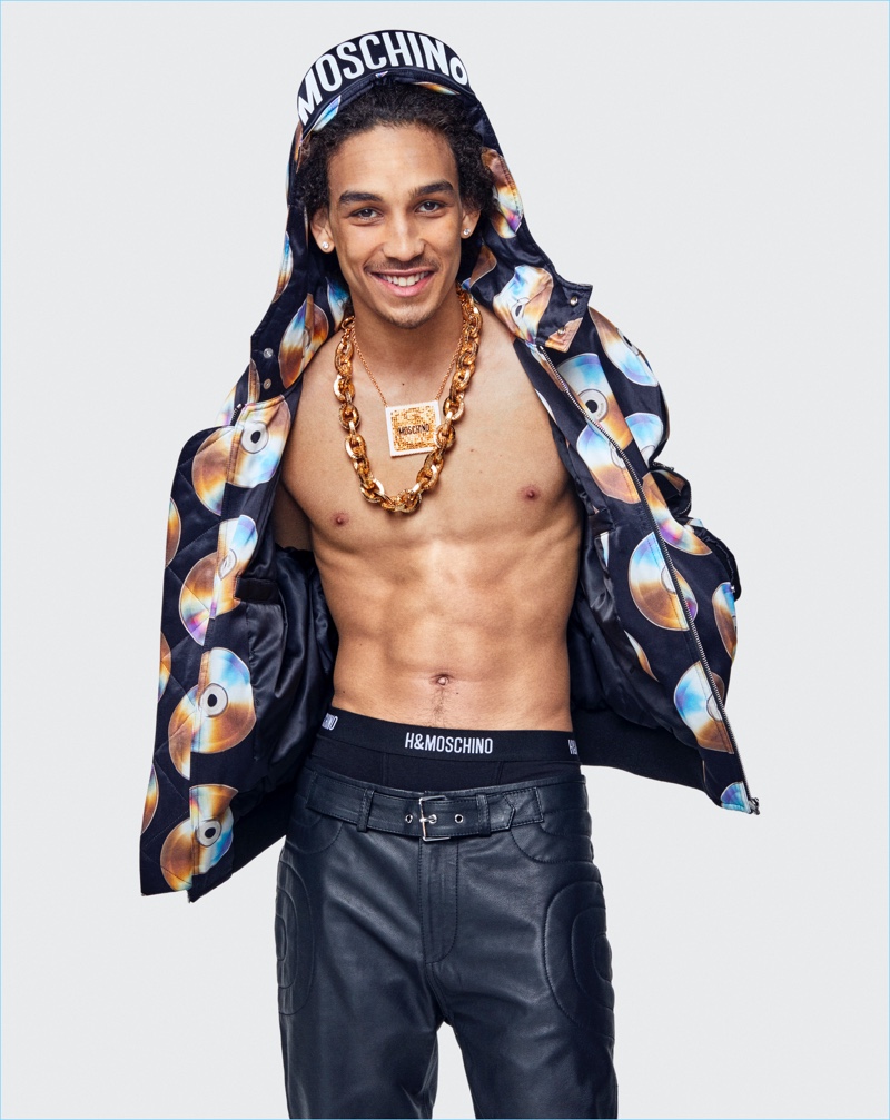 Jordan Beckford rocks a look from the Moschino [tv] H&M collection.