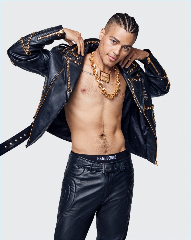 Sergio D'arcy Lane sports a leather biker jacket and pants from the Moschino [tv] H&M collection.