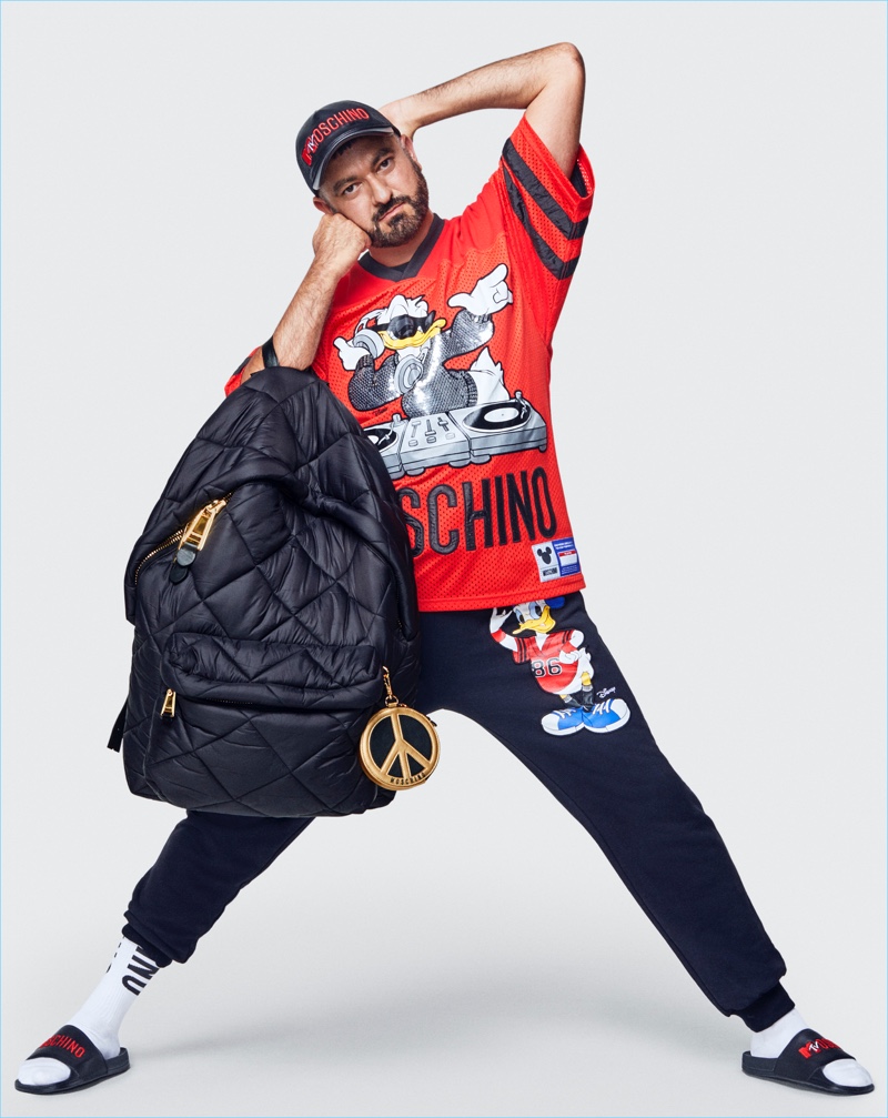 Pablo Olea wears Donald Duck fashions from the Moschino [tv] H&M collection.
