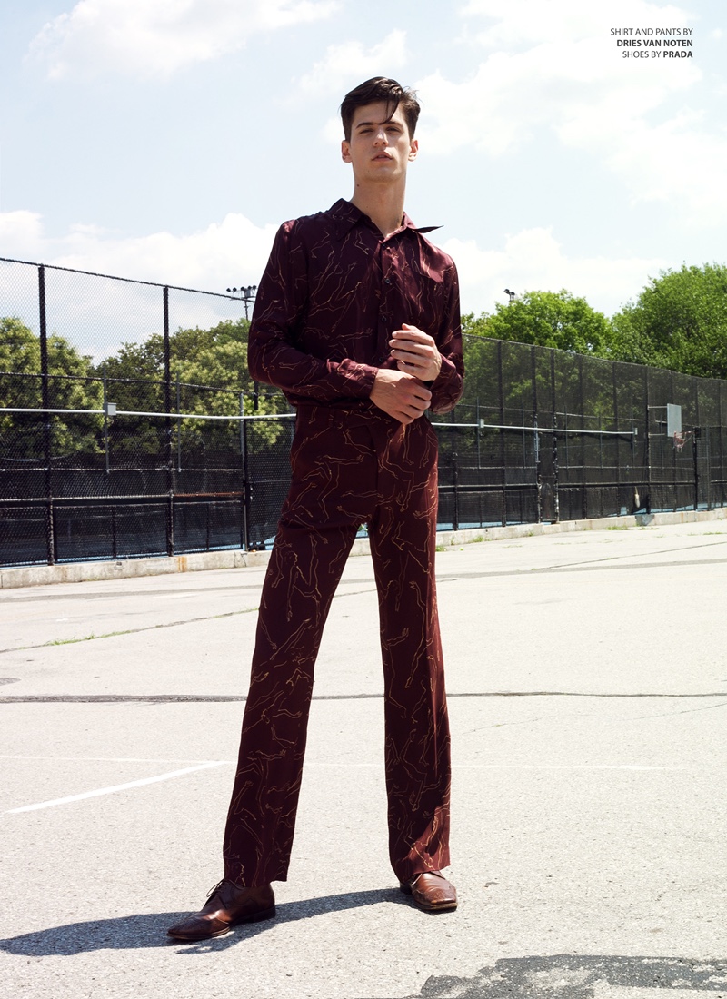 Nate wears shoes Prada, shirt and pants Dries Van Noten.