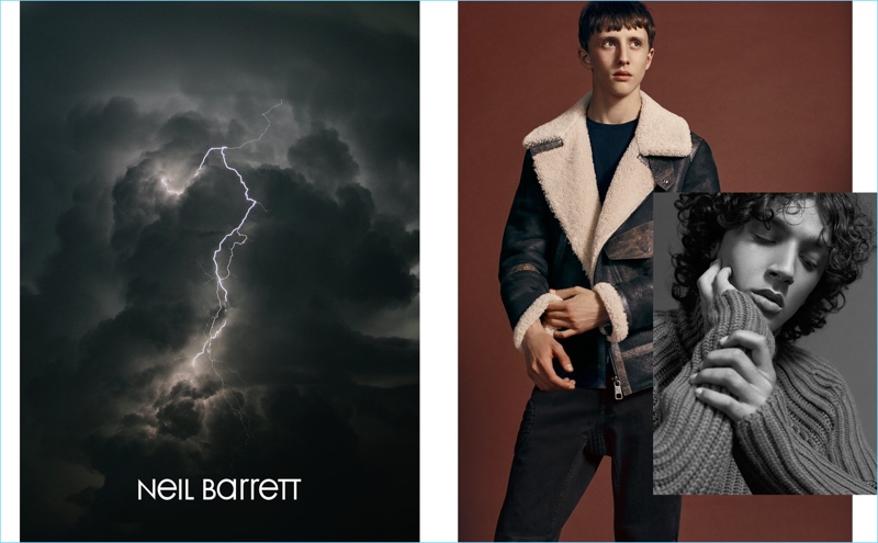 Sporting a shearling jacket, Moises Campelo joins Callum Stoddart for Neil Barrett's fall-winter 2018 campaign.