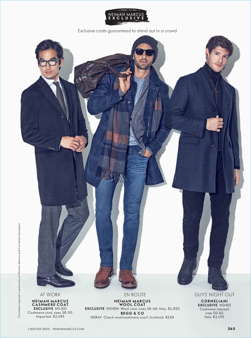 Left to Right: Tony Chung sports a Neiman Marcus cashmere coat. Rafael Lazzini wears a Neiman Marcus wool coat. Ryan Tift dons a Corneliani cashmere topcoat.