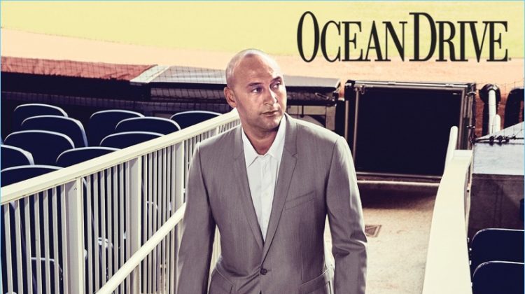 Connecting with Ocean Drive, Derek Jeter dons a two-piece wool suit by Dolce & Gabbana. He also wears an Armani Collezioni shirt and his own dress shoes.