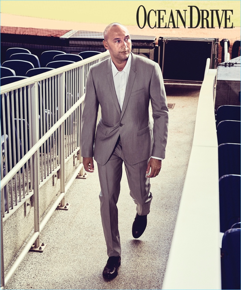 Connecting with Ocean Drive, Derek Jeter dons a two-piece wool suit by Dolce & Gabbana. He also wears an Armani Collezioni shirt and his own dress shoes.