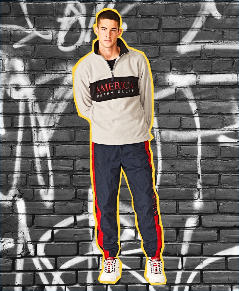 Channeling eighties style, Keegan Rodriguez sports a look from the Perry Ellis America capsule collection. » Blast from the Past: Perry Ellis America Capsule Collection Launches Channeling eighties style, Keegan Rodriguez sports a look from the Perry Ellis America capsule collection.