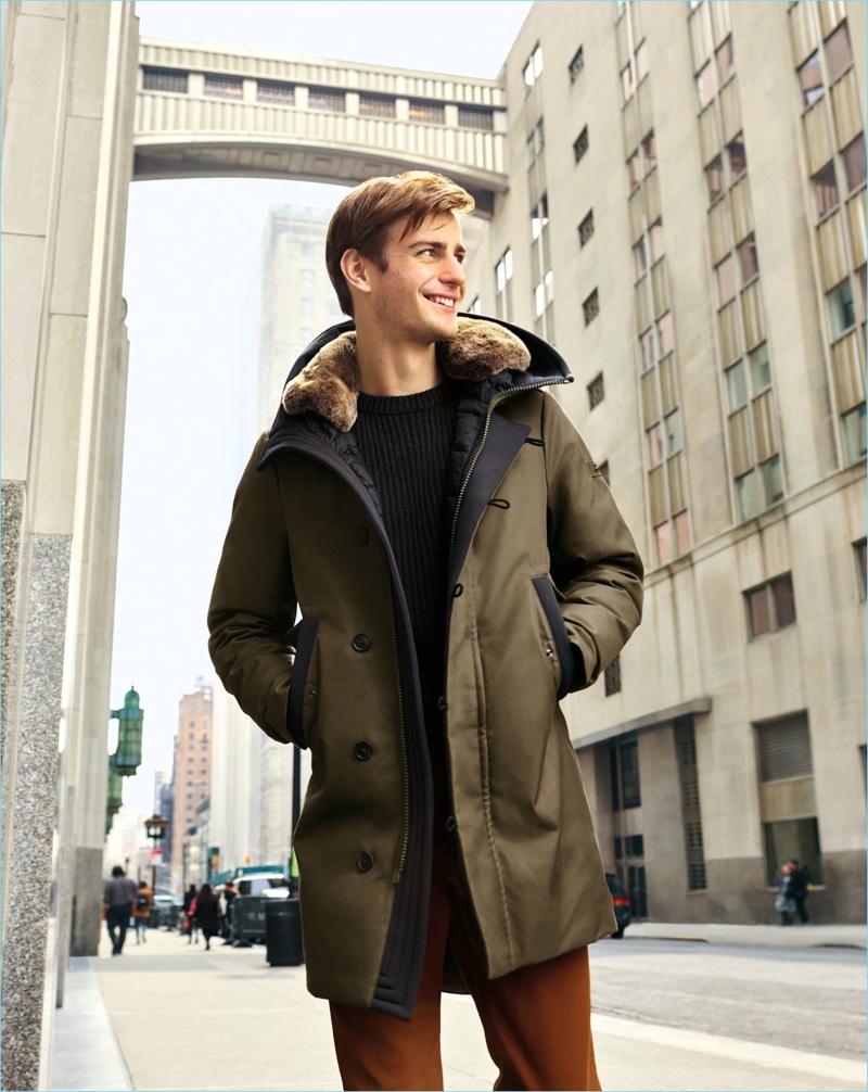 Photographed in New York, Ben Allen wears a parka for Peuterey's fall-winter 2018 campaign.