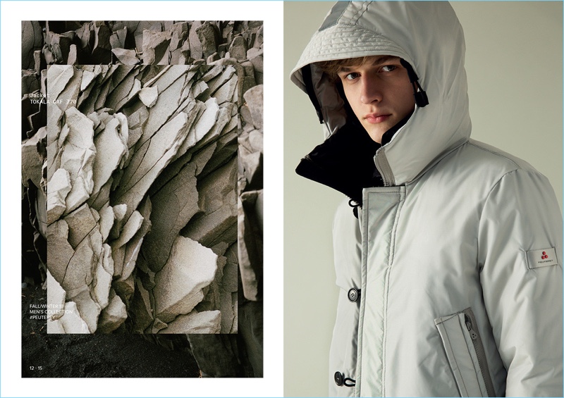 Connecting with Peuterey, Max Barczak wears a hooded bomber.