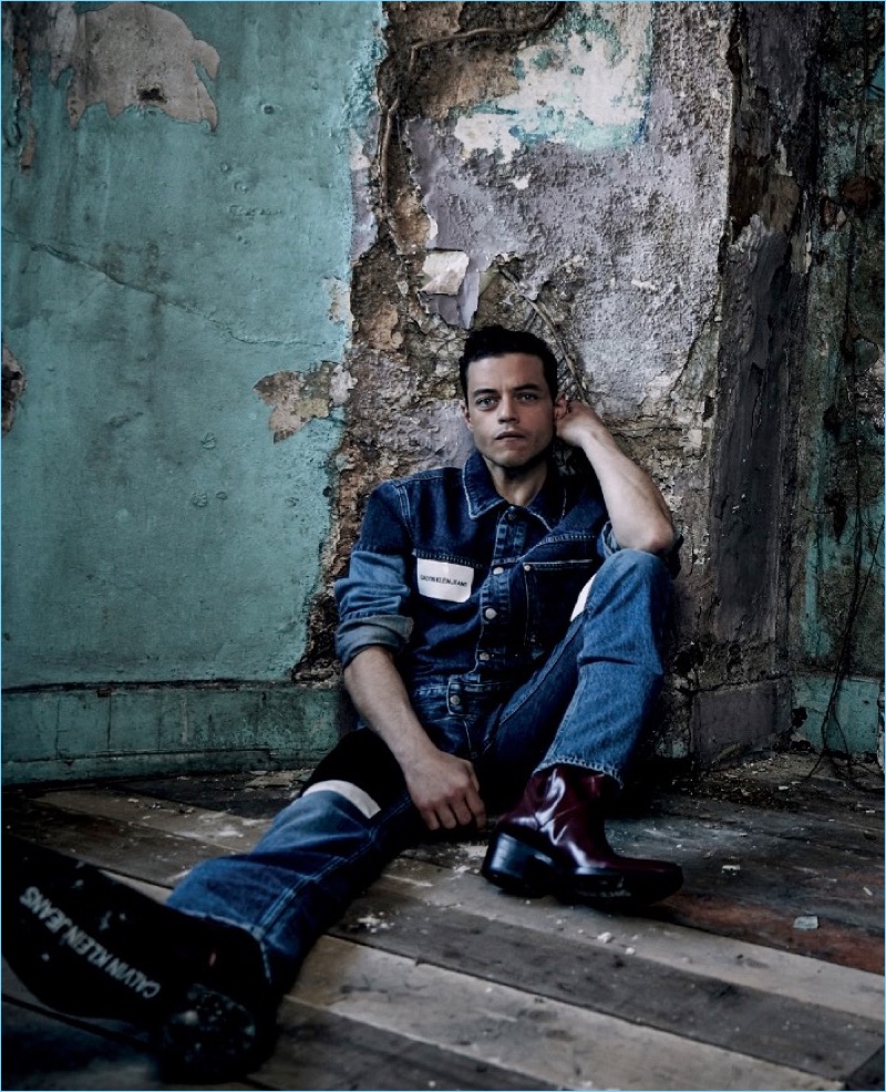 Starring in a photo shoot, Rami Malek sports a look from Calvin Klein Jeans.