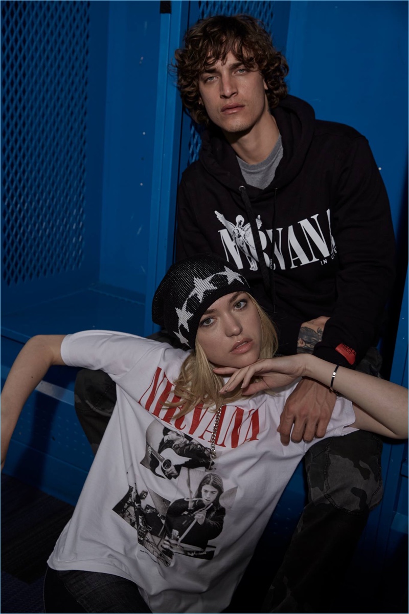 Cora Keegan and Jonathan Bellini wear pieces from Replay's Nirvana collection. 