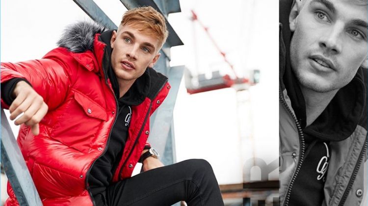Parka: Tommy Marr sports a red faux fur trim hooded long puffer jacket by River Island.