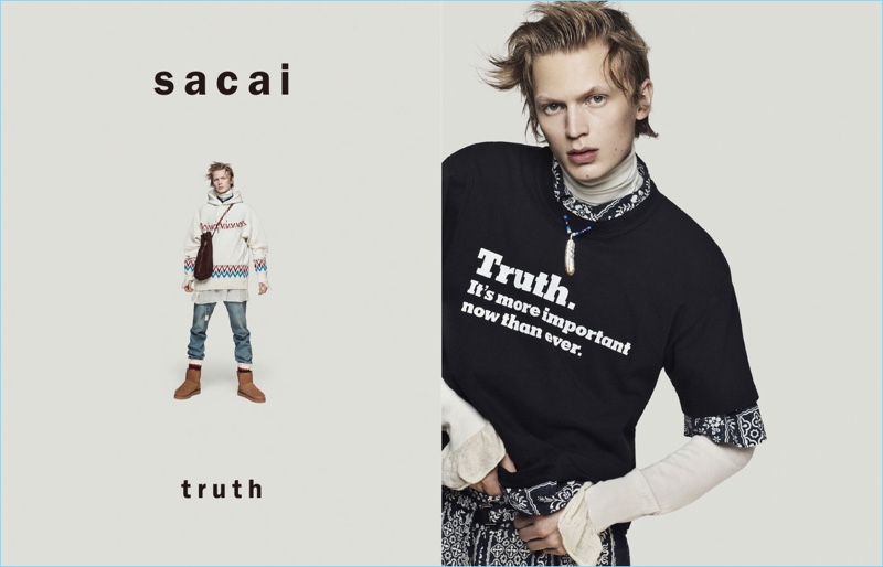 Craig McDean photographs Jonas Glöer for Sacai's fall-winter 2018 campaign.