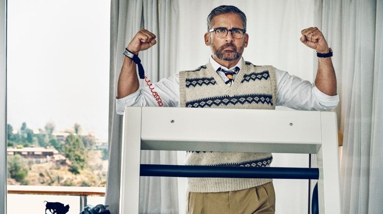 Actor Steve Carell wears a Gucci shirt and trousers with a vintage sweater vest and tie from Early Halloween, Vintage Clothing, N.Y.C. Carell also dons a Rolex watch.