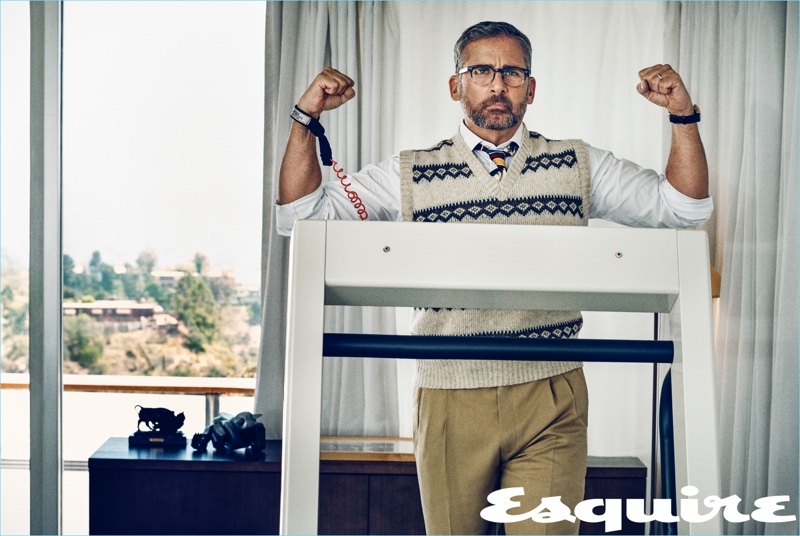 Actor Steve Carell wears a Gucci shirt and trousers with a vintage sweater vest and tie from Early Halloween, Vintage Clothing, N.Y.C. Carell also dons a Rolex watch.